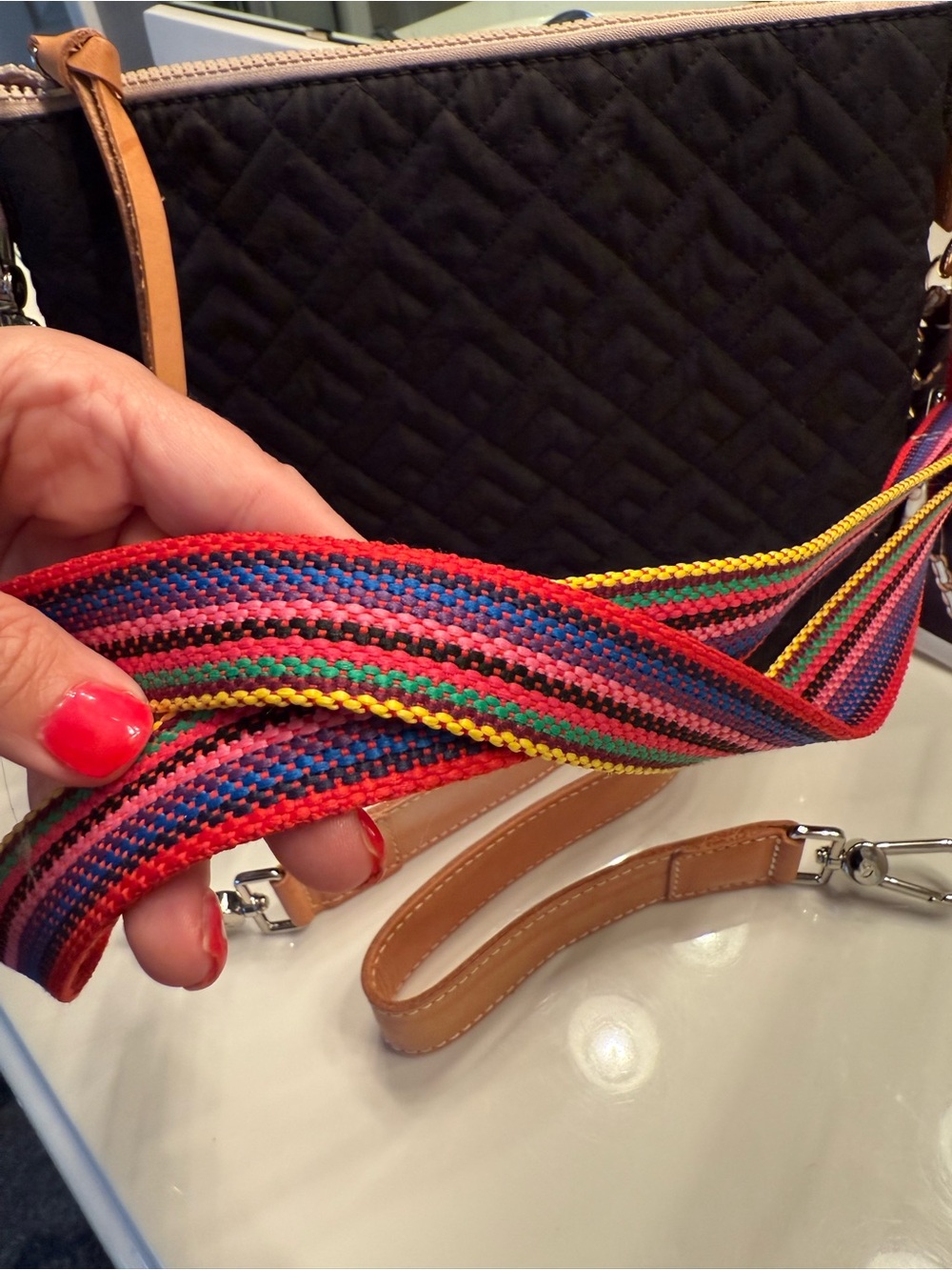 Consuela Black Quilted Crossbody Clutch Rainbow Strap EUC + Accessories - Picture 10 of 13